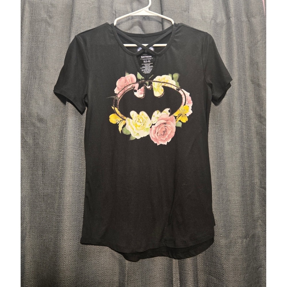 Batman Graphic T-Shirt Floral Logo‎ Short Sleeve Top Tee Black S (3-5)